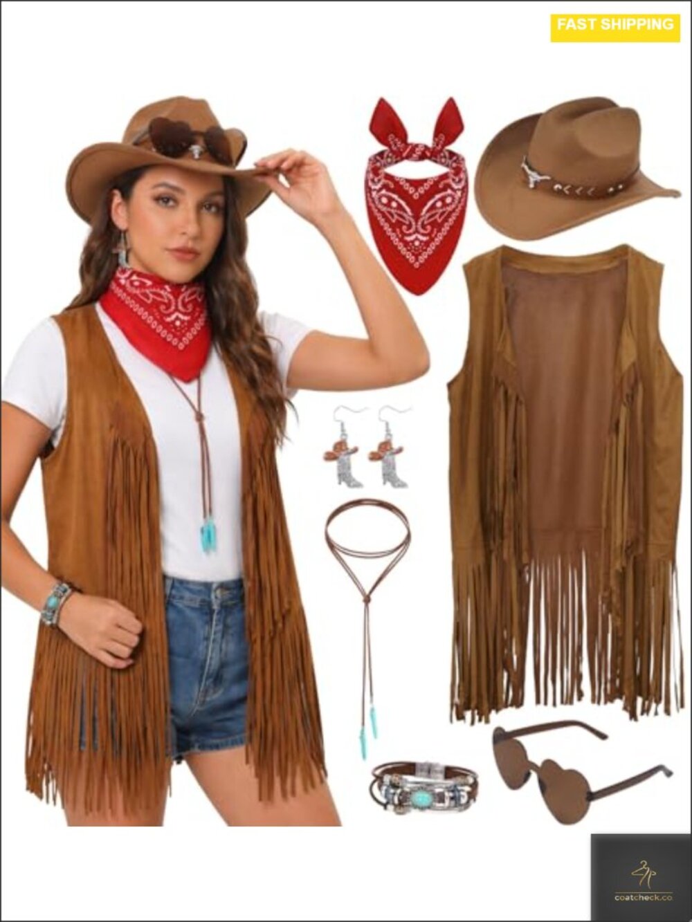Cowgirl Costume Set with Fringe Vest, Hat, Jewelry, 7 Pieces